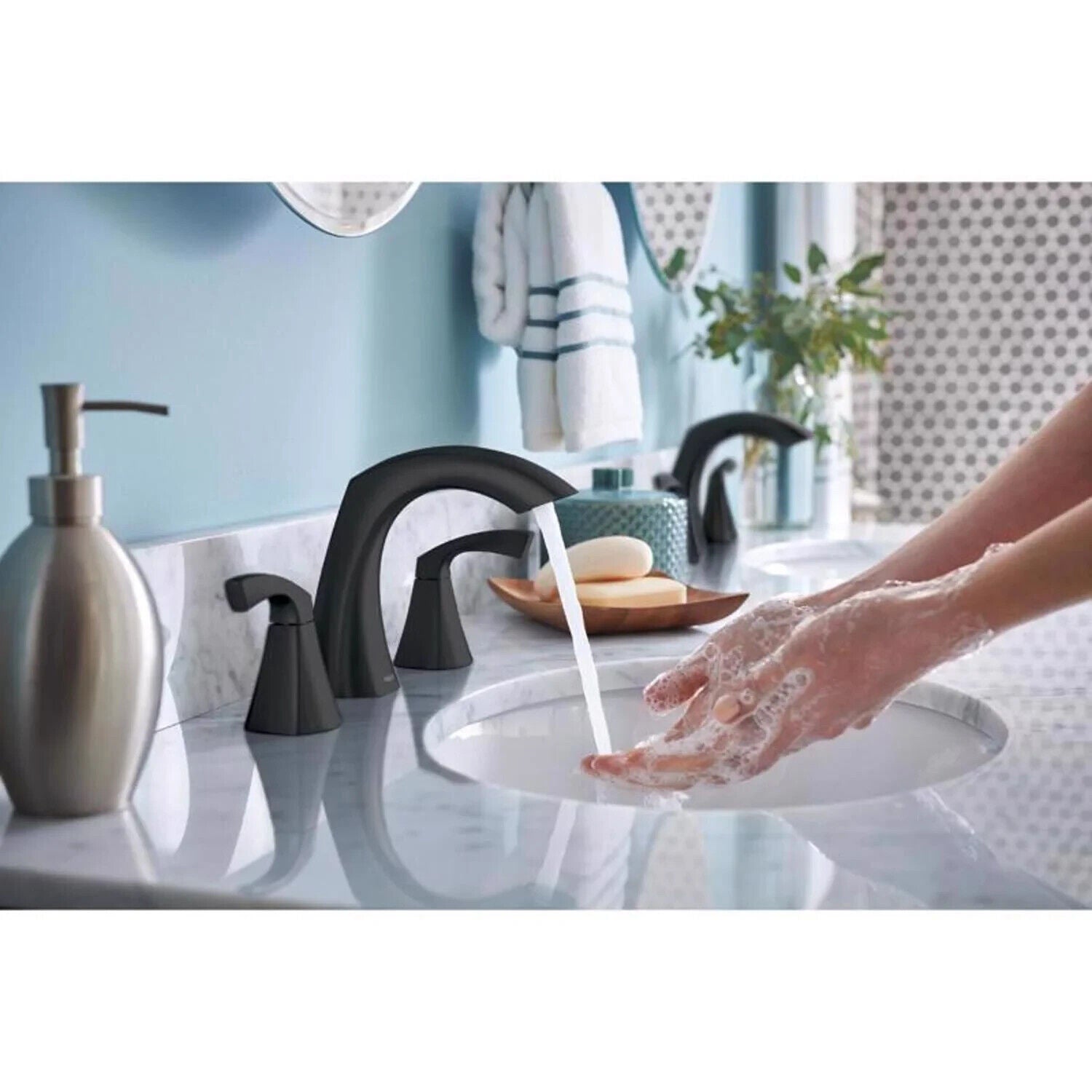 Moen Lindor 84504BL Matte Black Widespread 2-Handle Bathroom Sink Faucet with Drain Assembly