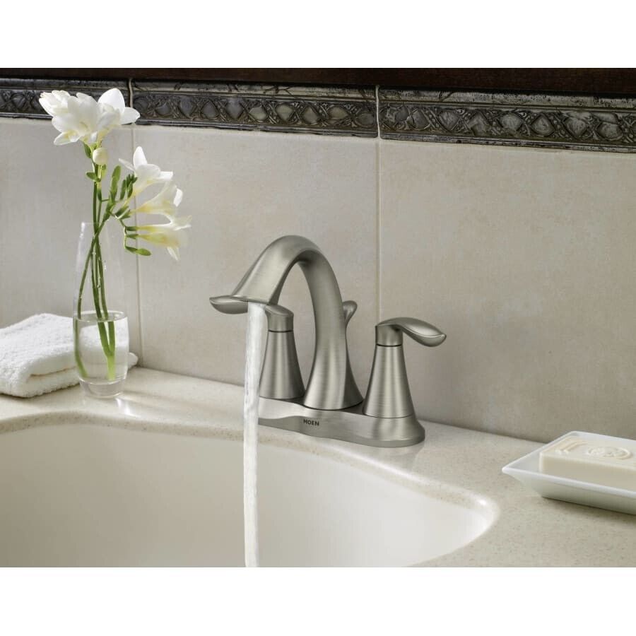 MOEN Eva 6410BN Brushed Nickel Two-Handle Centerset Bathroom Faucet with Drain (Valve Included)