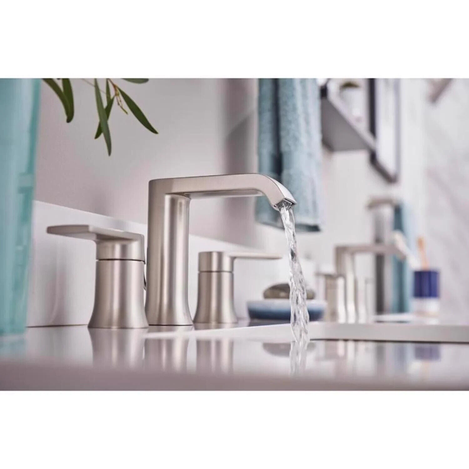 MOEN Genta 84763SRN Widespread Double Handle Bathroom Faucet in Spot Resist Brushed Nickel (Valve Included)