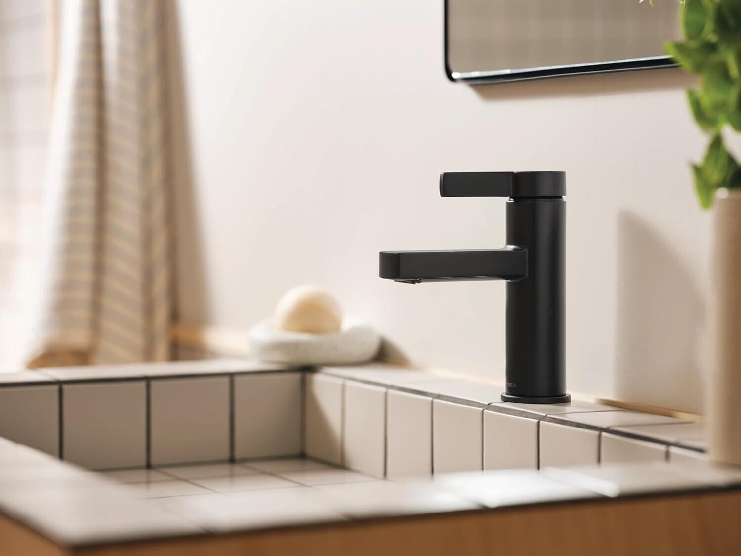 MOEN Beric 84774BL Single Hole Bathroom Faucet with Push Pop-Up Drain Assembly in Matte Black