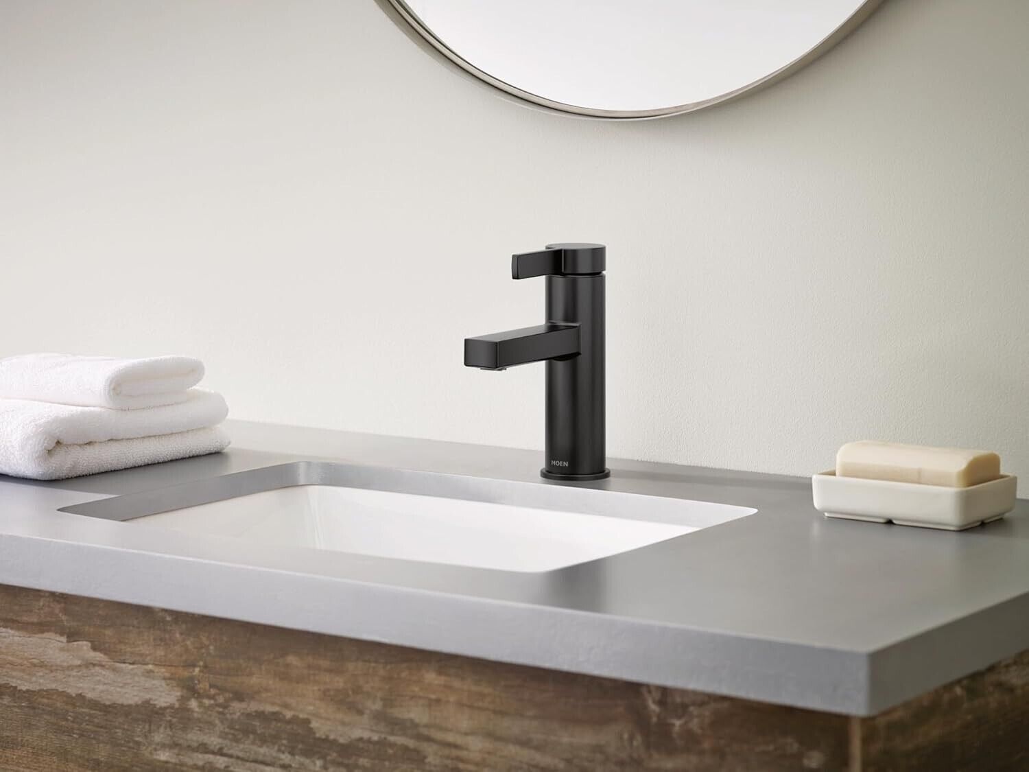 MOEN Beric 84774BL Single Hole Bathroom Faucet with Push Pop-Up Drain Assembly in Matte Black