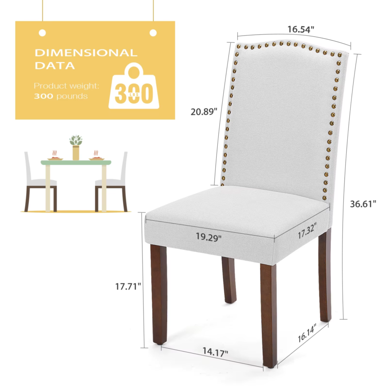 Set of 2 Dining Chairs, Padded Backrest, Upholstered Fabric, Thick Sponge Cushion