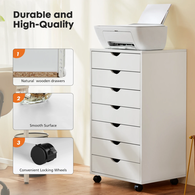 7-Drawer Chest Dresser, Wooden Storage Cabinet with Wheels, Mobile Organizer