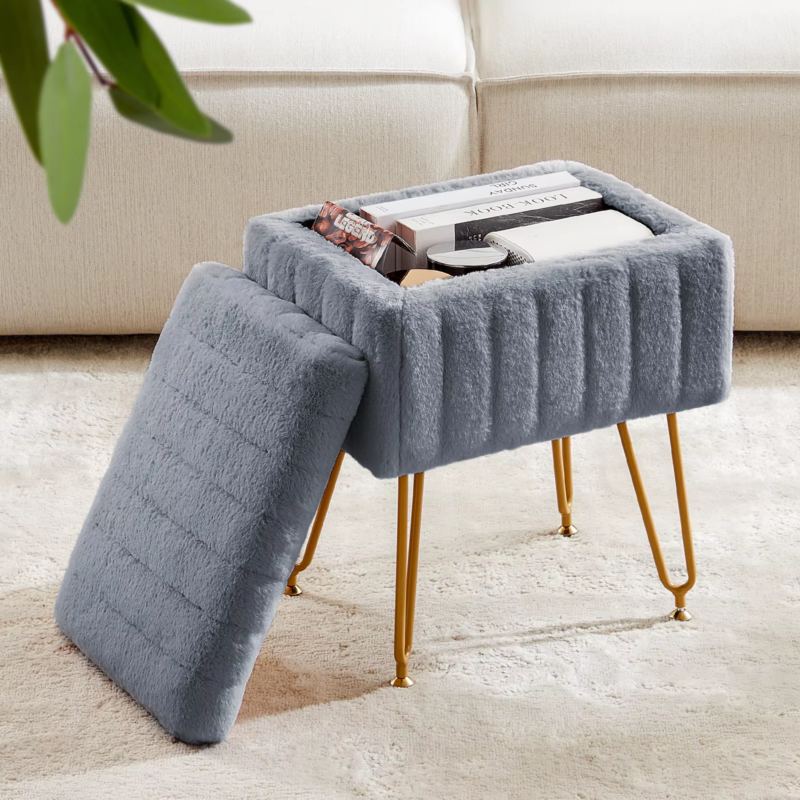 Faux Fur Living Room Stools & Ottomans, Hidden Storage, Padded, Adjustable Feet