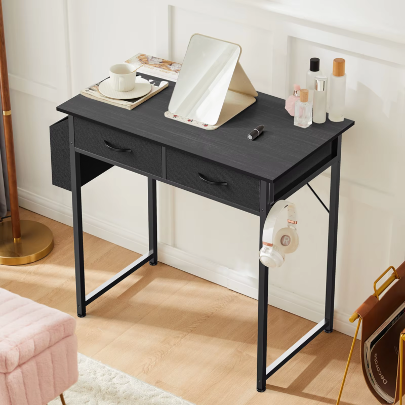 32 Inch Modern Office Desk, Fabric Storage Drawers, Metal Frame, Adjustable Feet
