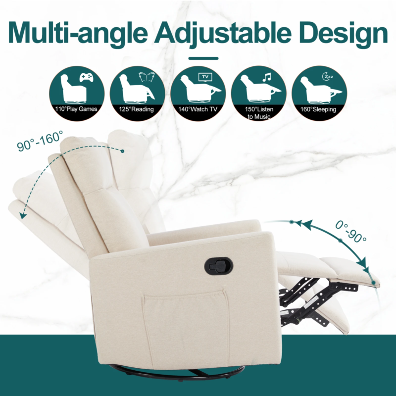 Rotating Rocking Recliner with Oversized Foot, Swivel, Glider Nursery Chair