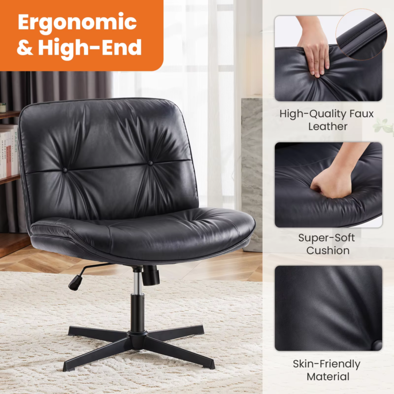 PU Leather Cross Legged Office Chair, Armless Desk Chair, Adjustable Swivel Base
