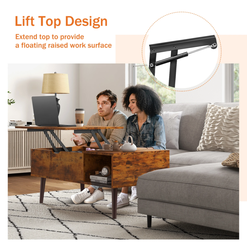 Lift Top Coffee Wooden Table for Living Room, Adjustable Desk with Storage Shelf