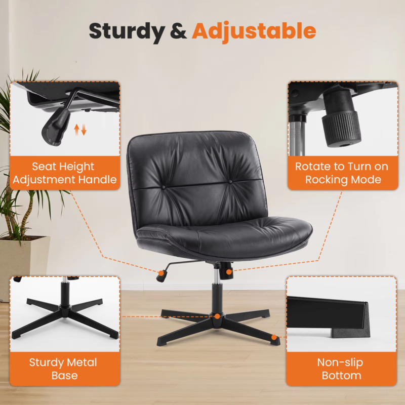 PU Leather Cross Legged Office Chair, Armless Desk Chair, Adjustable Swivel Base