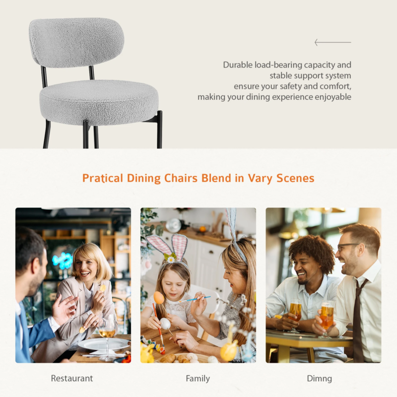 Ergonomic Dining Chairs, Plush Fabric with Curved Backrest and Metal Legs, 2 Pack