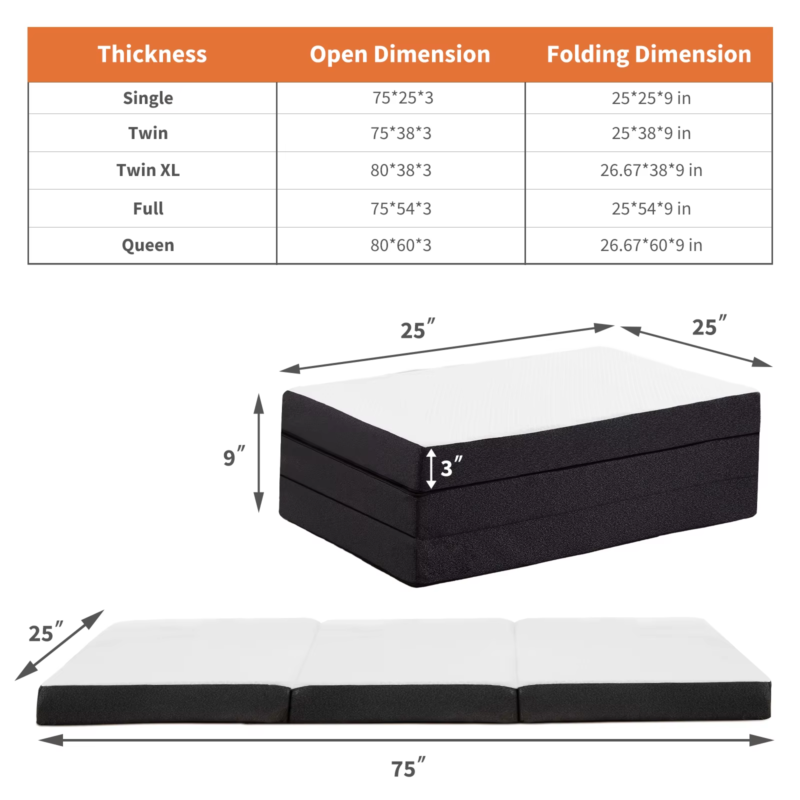 Three Fold Portable Floor Bed, CertiPUR-US Certified, Travel, Camping, Yoga