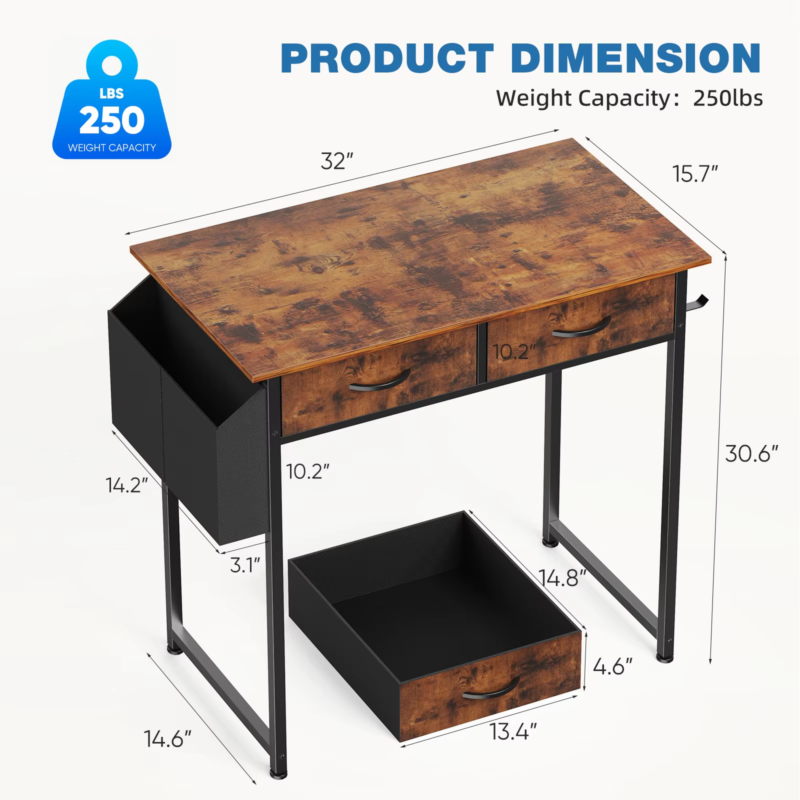 32 Inch Modern Office Desk, Fabric Storage Drawers, Metal Frame, Adjustable Feet