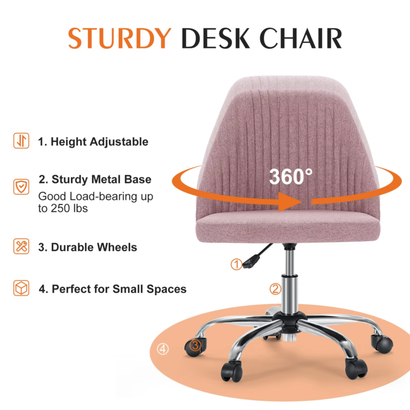 Armless Small Desk Chair, Cute Vanity Swivel, Fabric with Wheels, Task Chair