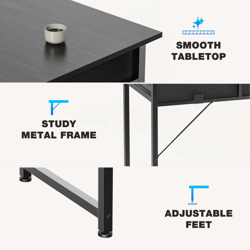 32 Inch Modern Office Desk, Fabric Storage Drawers, Metal Frame, Adjustable Feet