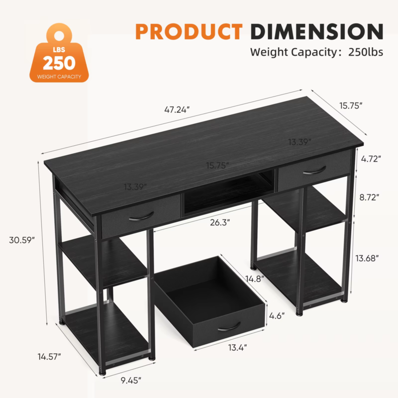 48 Inch Double Deck Shelving Office Desk with Pull-Out Drawers and Adjustable Feet