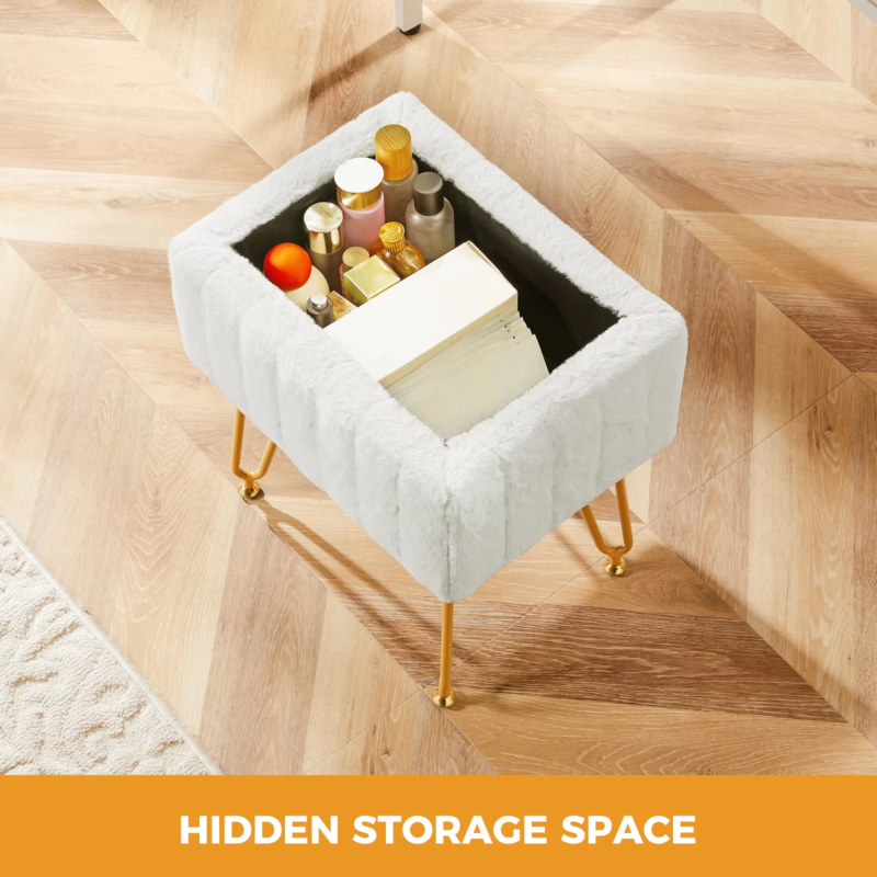 Faux Fur Living Room Stools & Ottomans, Hidden Storage, Padded, Adjustable Feet