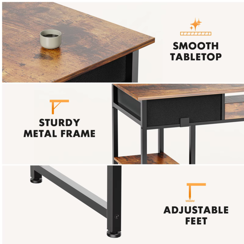 48 Inch Double Deck Shelving Office Desk with Pull-Out Drawers and Adjustable Feet