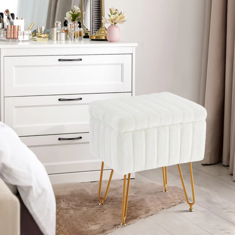 Faux Fur Living Room Stools & Ottomans, Hidden Storage, Padded, Adjustable Feet