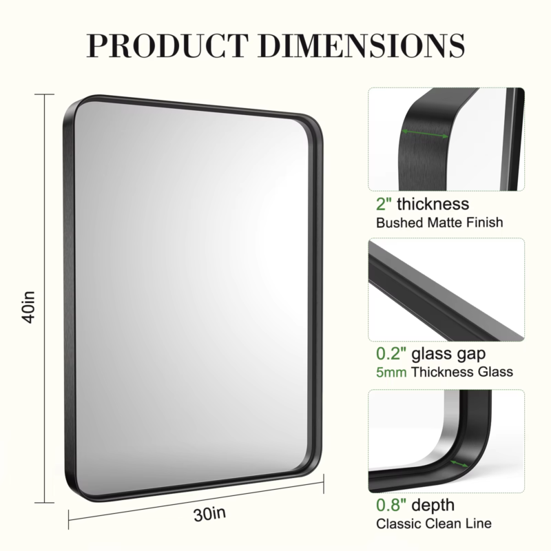 Large Rectangle Vanity Mirror, Matte Metal Frame, Modern Tempered Glass