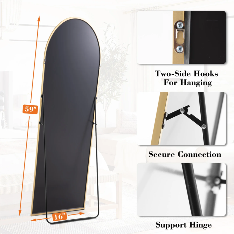 Full Body Wall Mirror with Stand, Hanging or Wall-Mounted, Aluminum Alloy Frame