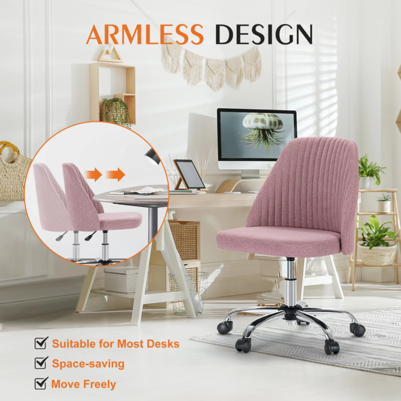 Armless Small Desk Chair, Cute Vanity Swivel, Fabric with Wheels, Task Chair