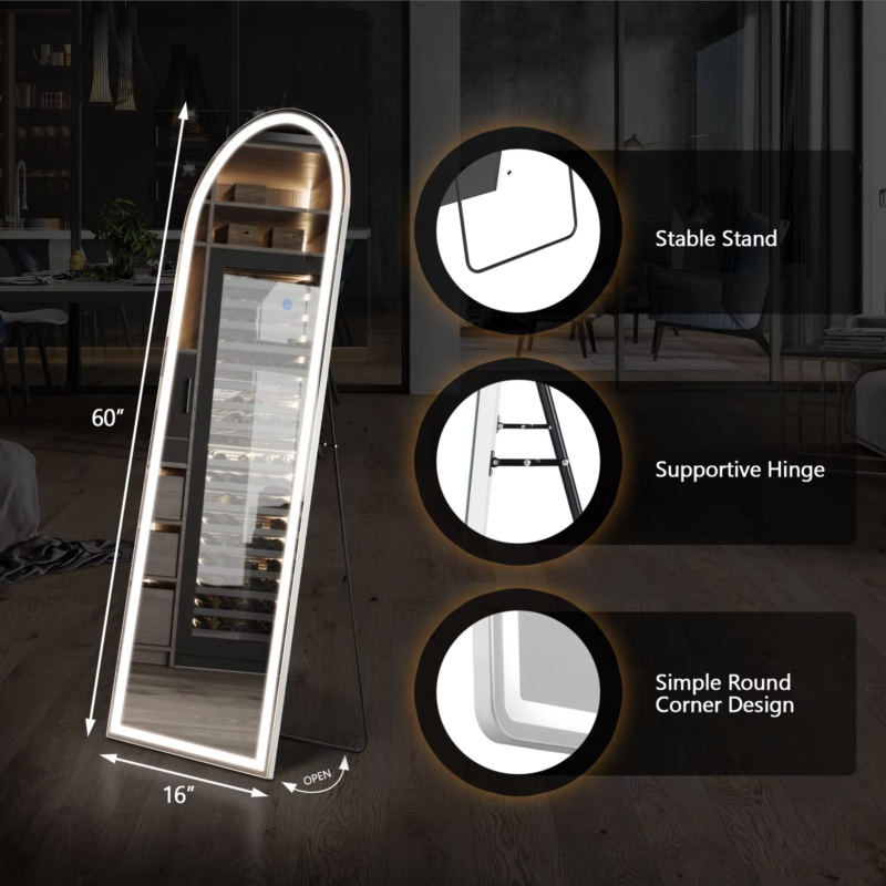 LED Dimming Full Length Mirror, 3-Color Lighting, Aluminum Frame, Floor & Wall