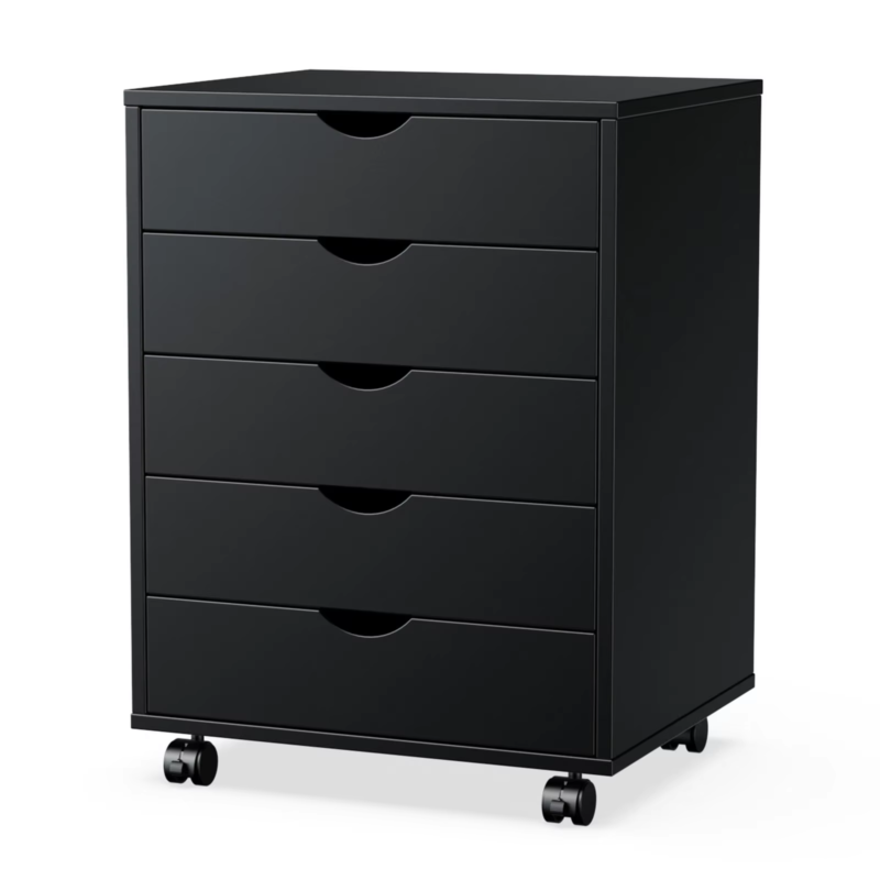 5-Drawer Wood Nightstand Cabinet, Storage File Organizer with Rotating Wheels