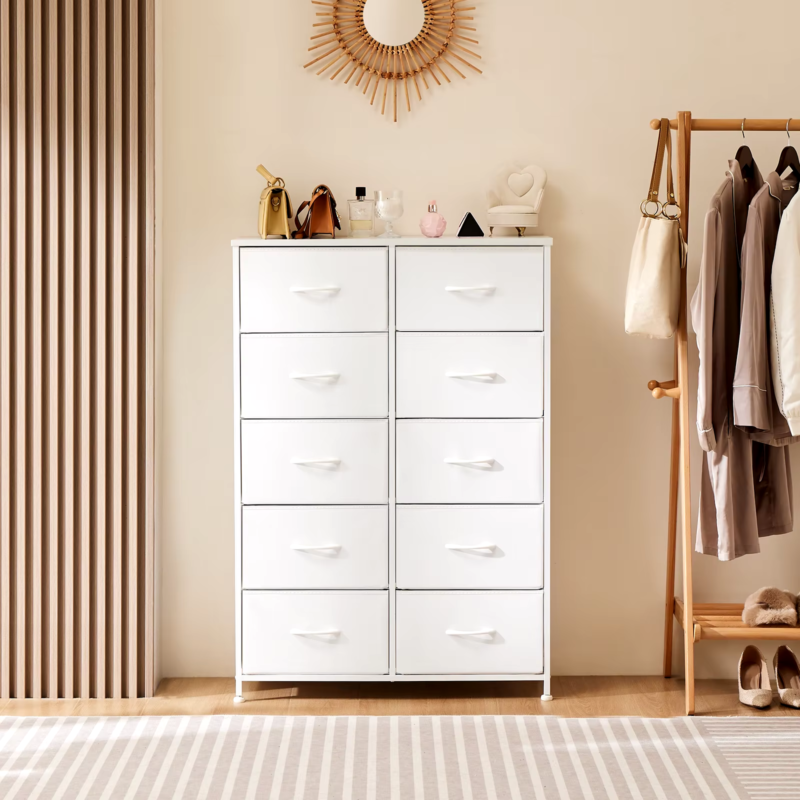 10 Fabric Drawers, Bedside Table, Steel Frame Closet, Storage Cabinet, Furniture