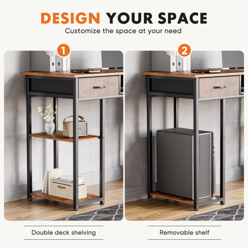 48 Inch Double Deck Shelving Office Desk with Pull-Out Drawers and Adjustable Feet