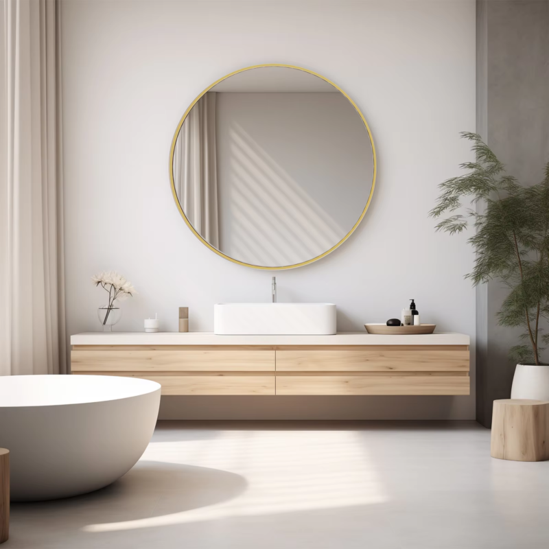Large Round Vanity Mirror, Matte Metal Frame, Modern Glass, Bedroom, Living Room