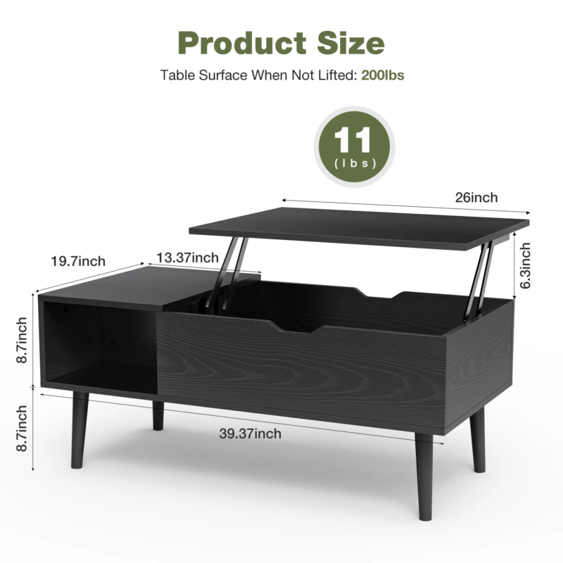 Lift Top Coffee Wooden Table for Living Room, Adjustable Desk with Storage Shelf