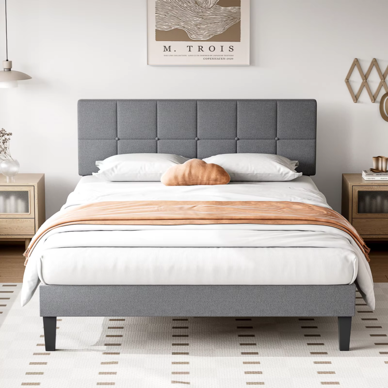 Bed Frame with Headboard, Upholstered Platform, Wood Slats, No Box Spring Needed