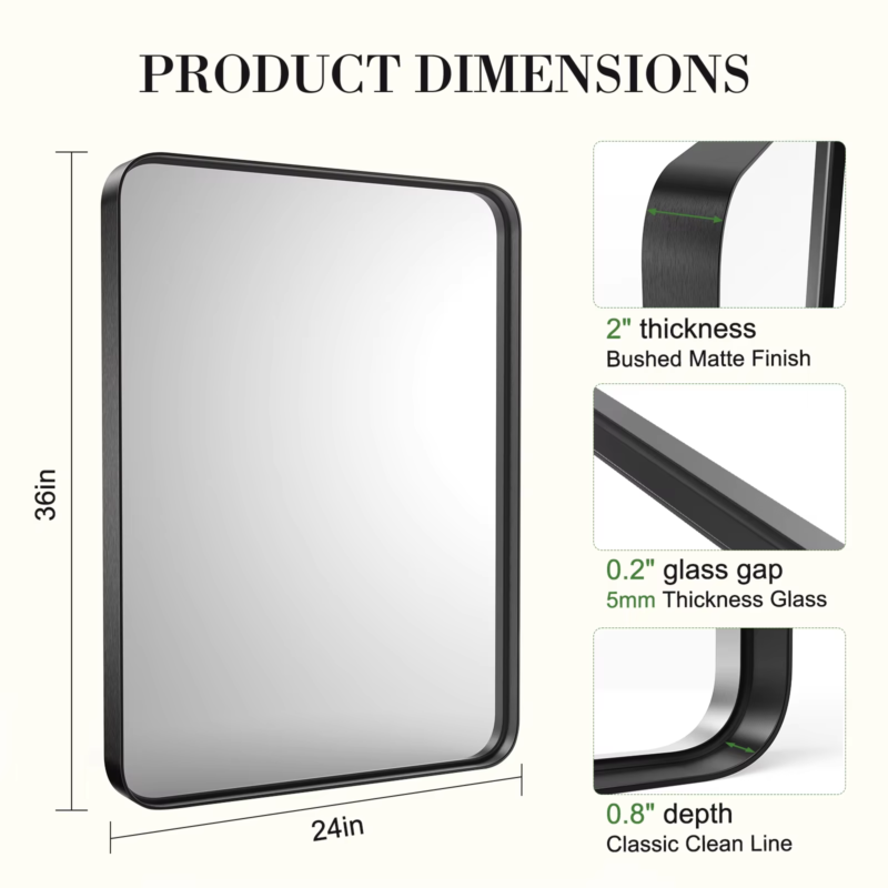 Large Rectangle Vanity Mirror, Matte Metal Frame, Modern Tempered Glass