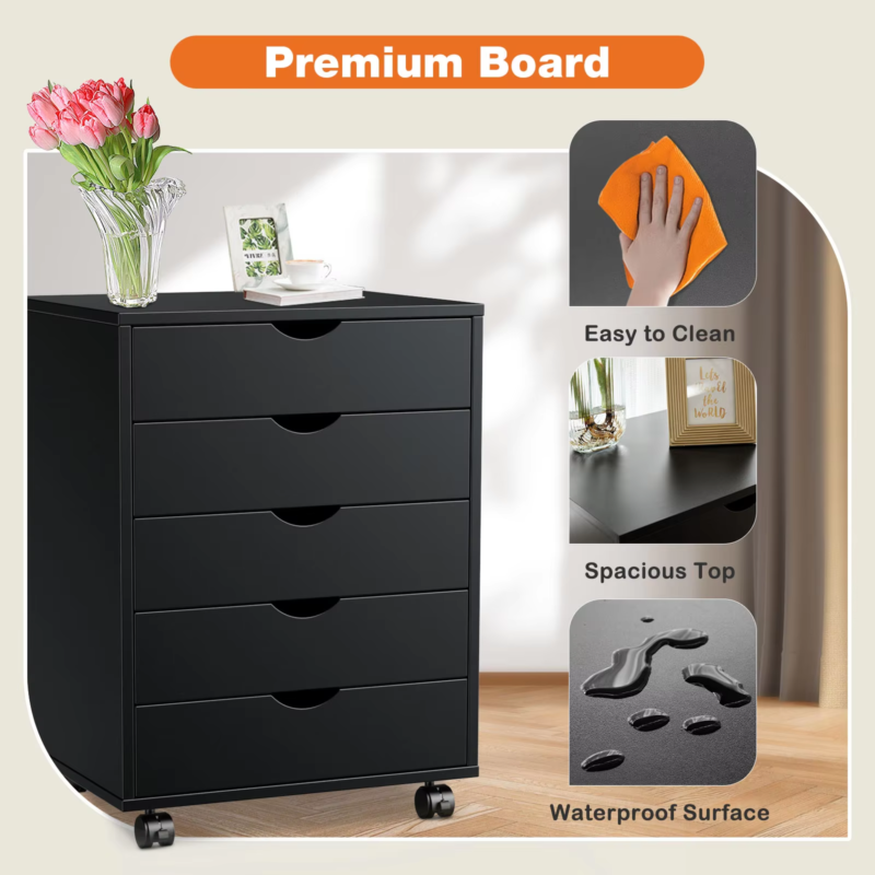 5-Drawer Wood Nightstand Cabinet, Storage File Organizer with Rotating Wheels