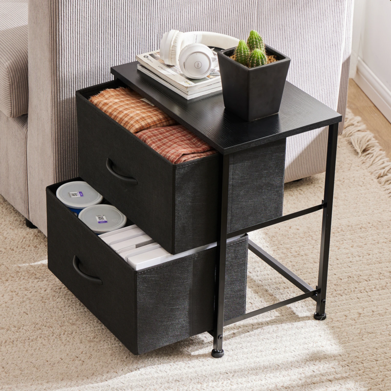 2 Drawers Dresser Beside Table with Metal Frame and Wood Top, Storage Cabinet for Living Room