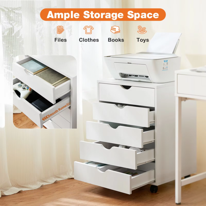 5-Drawer Wood Nightstand Cabinet, Storage File Organizer with Rotating Wheels