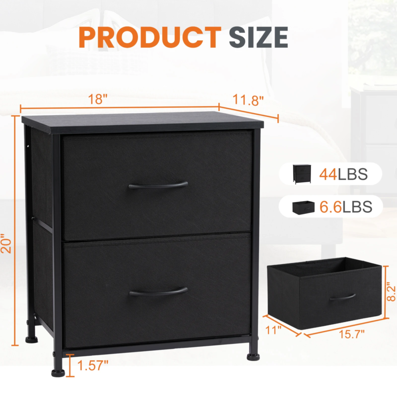2 Drawers Dresser Beside Table with Metal Frame and Wood Top, Storage Cabinet for Living Room