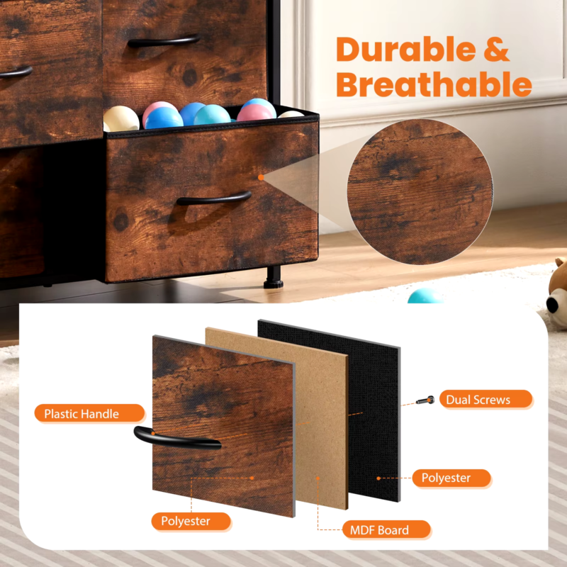10 Fabric Drawers, Bedside Table, Steel Frame Closet, Storage Cabinet, Furniture