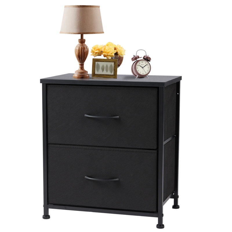 2 Drawers Dresser Beside Table with Metal Frame and Wood Top, Storage Cabinet for Living Room