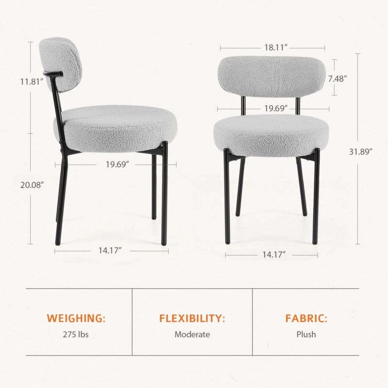 Ergonomic Dining Chairs, Plush Fabric with Curved Backrest and Metal Legs, 2 Pack