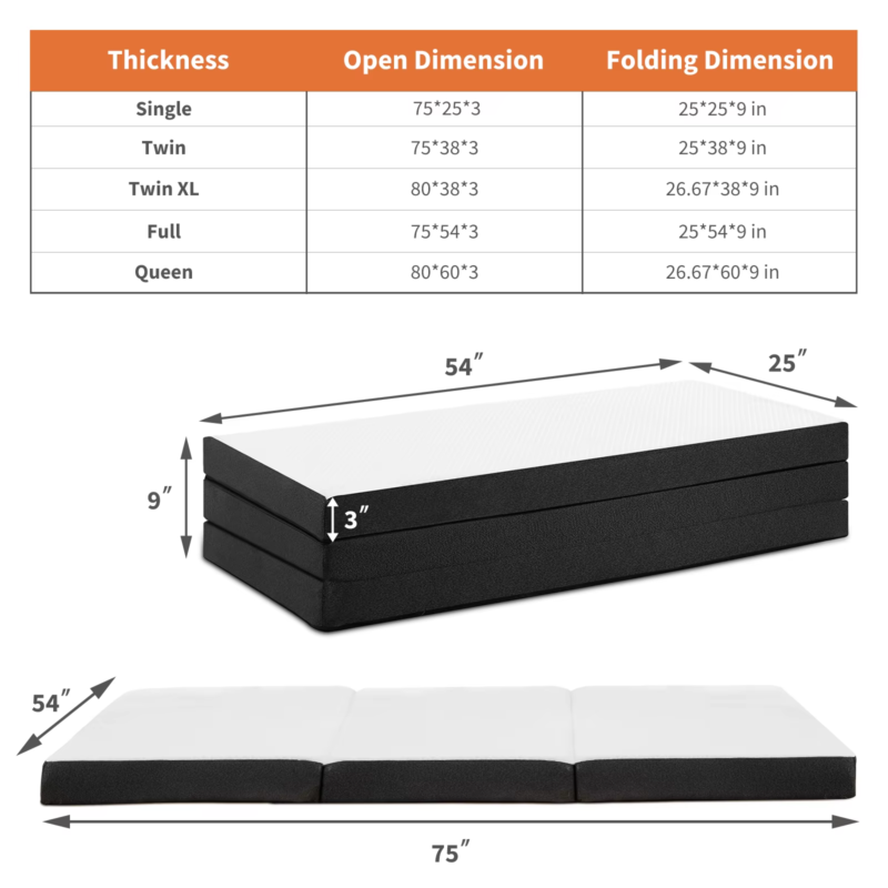 Three Fold Portable Floor Bed, CertiPUR-US Certified, Travel, Camping, Yoga