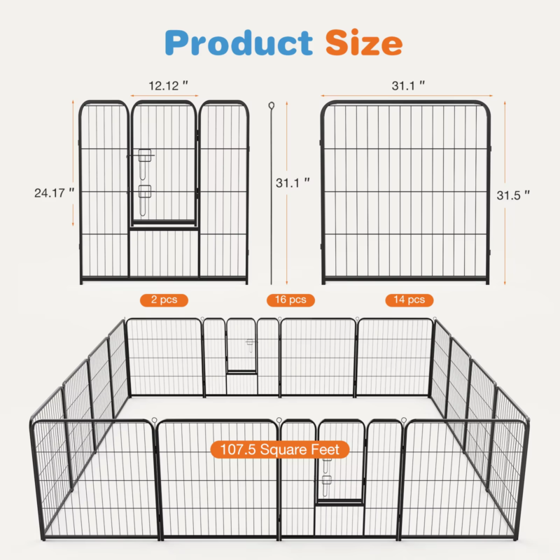 16 Panel Dog Playpen, Pet Fence with Doors, Heavy Duty for Indoor and Outdoor