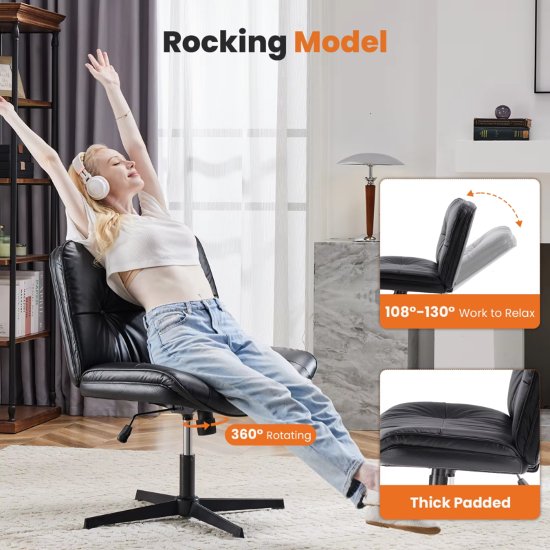PU Leather Cross Legged Office Chair, Armless Desk Chair, Adjustable Swivel Base