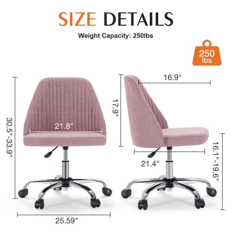 Armless Small Desk Chair, Cute Vanity Swivel, Fabric with Wheels, Task Chair