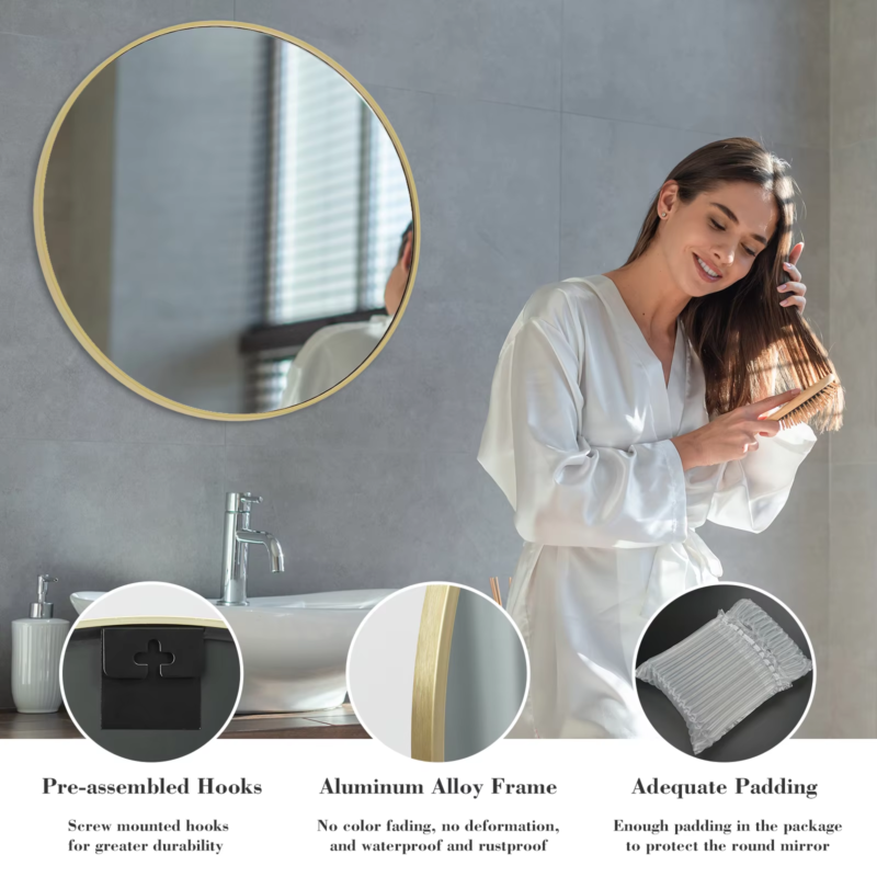 Large Round Vanity Mirror, Matte Metal Frame, Modern Glass, Bedroom, Living Room