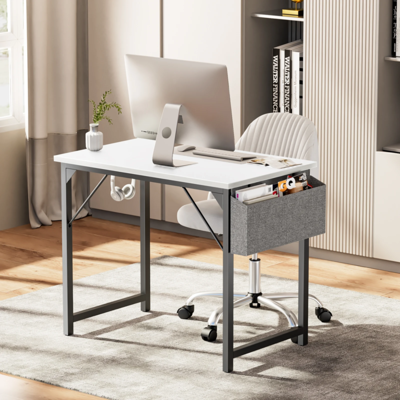 Computer Desk, Writing Study Table, Modern Compact Style with Side Bag & Hook