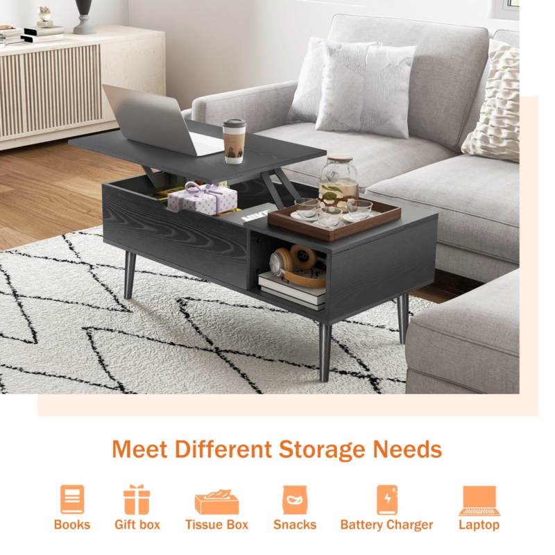 Lift Top Coffee Wooden Table for Living Room, Adjustable Desk with Storage Shelf