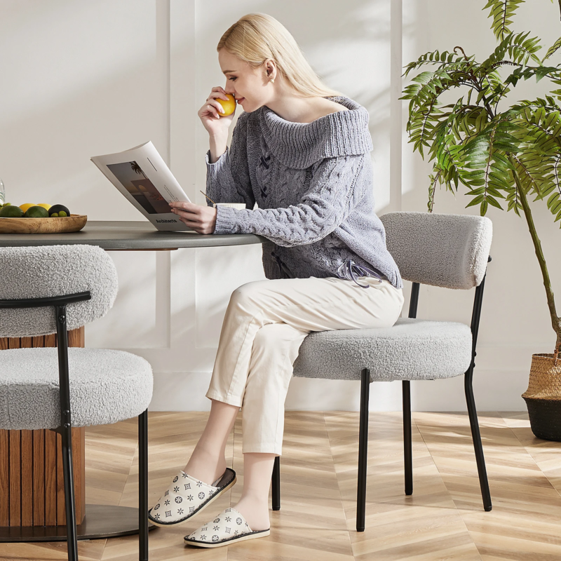 Ergonomic Dining Chairs, Plush Fabric with Curved Backrest and Metal Legs, 2 Pack