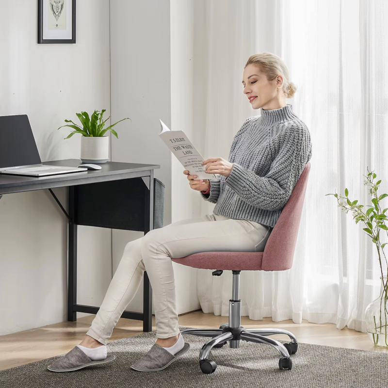 Armless Small Desk Chair, Cute Vanity Swivel, Fabric with Wheels, Task Chair