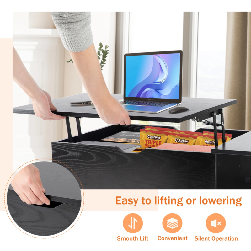 Lift Top Coffee Wooden Table for Living Room, Adjustable Desk with Storage Shelf
